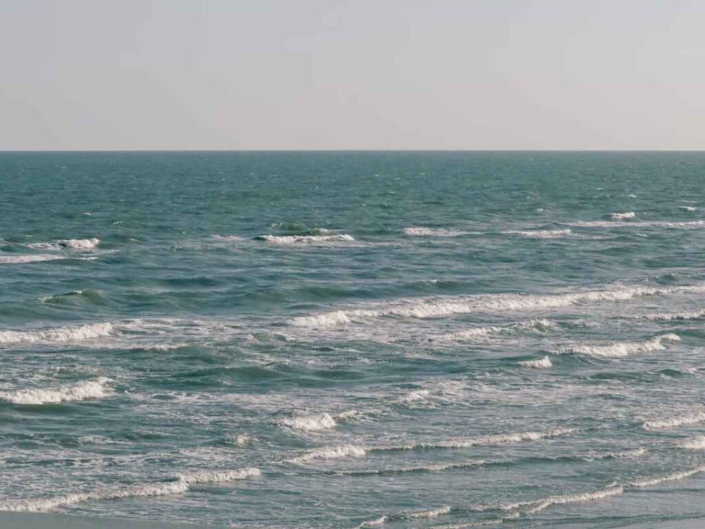 People wading in the Gulf on a calm day off Galveston