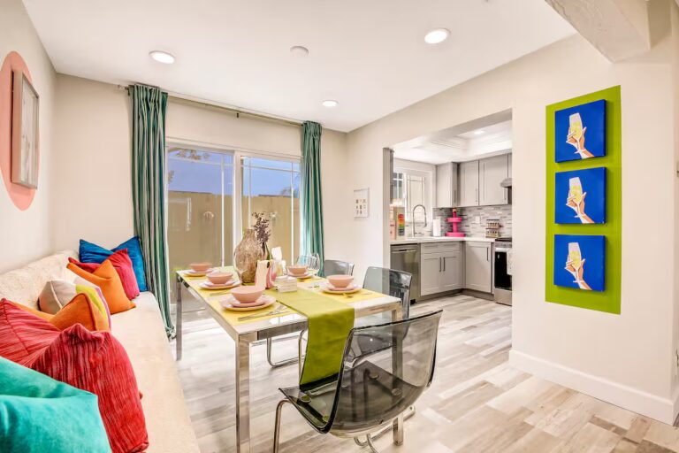 The colorful living and dining space at HB4B.