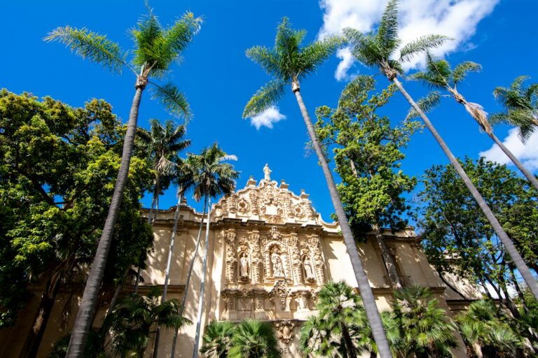 Ornate Balboa Park building framed by palm trees beneath a blue sky