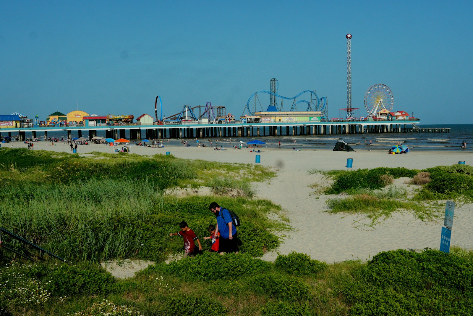 Galveston’s Pleasure Pier seen beyond the beach and dunes.