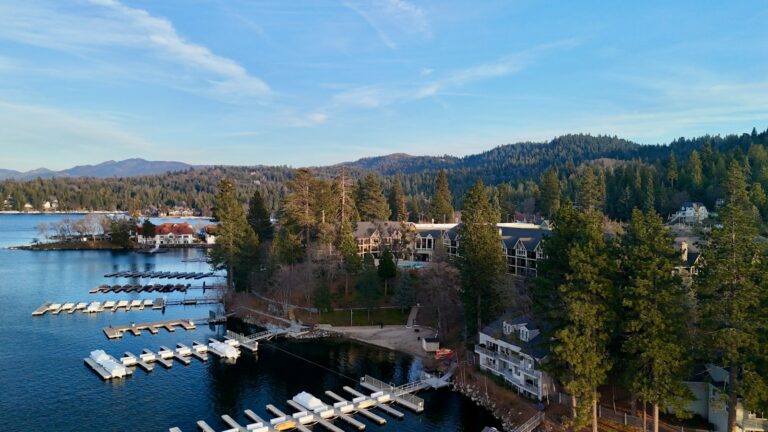 Lake Arrowhead’s shoreline, marina and resort area. Destination photograph.