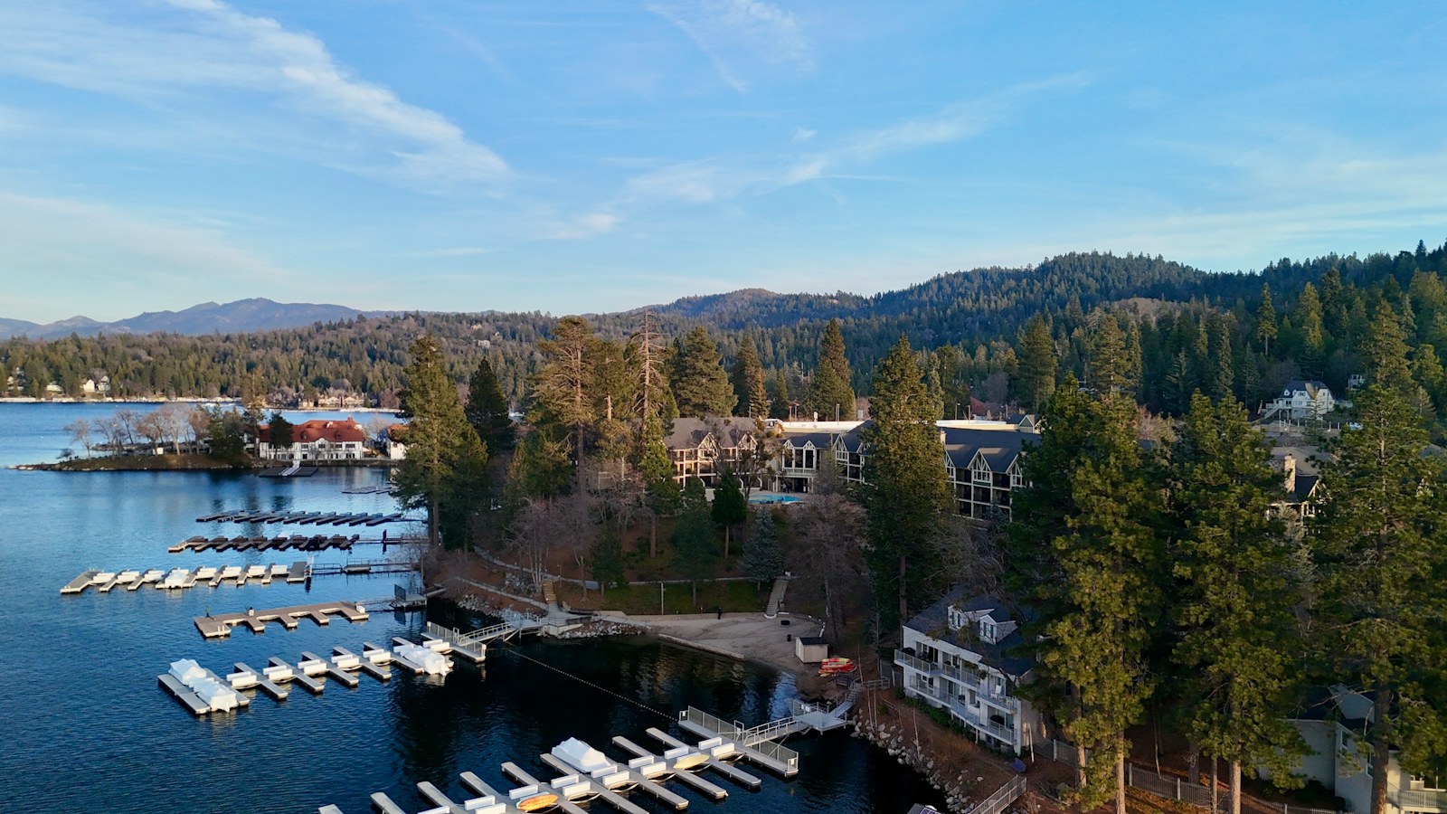 Lake Arrowhead’s shoreline, marina and resort area. Destination photograph.