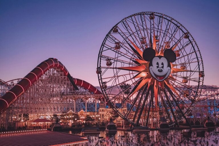 Pixar Pier at twilight at Disney California Adventure, Anaheim.
