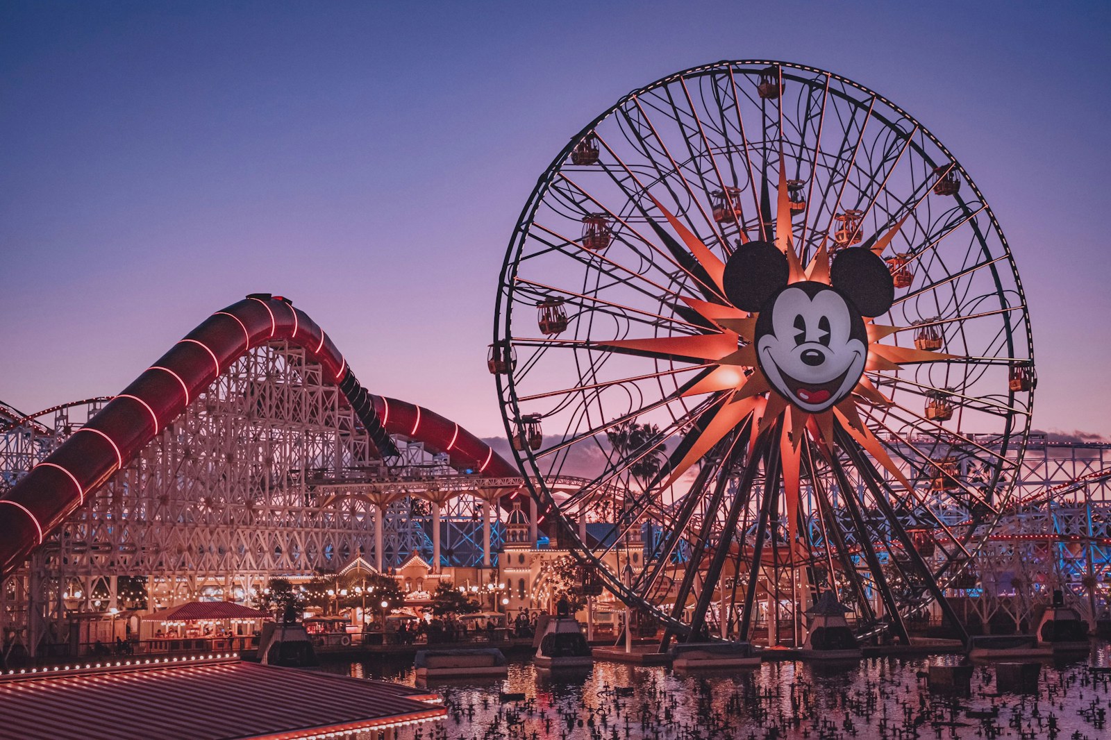Pixar Pier at twilight at Disney California Adventure, Anaheim.