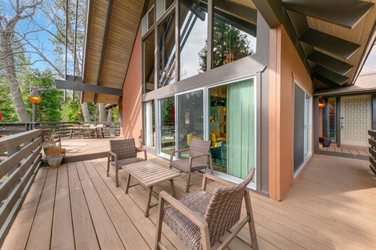 The wooded deck at Peninsula Chalet in Lake Arrowhead.
